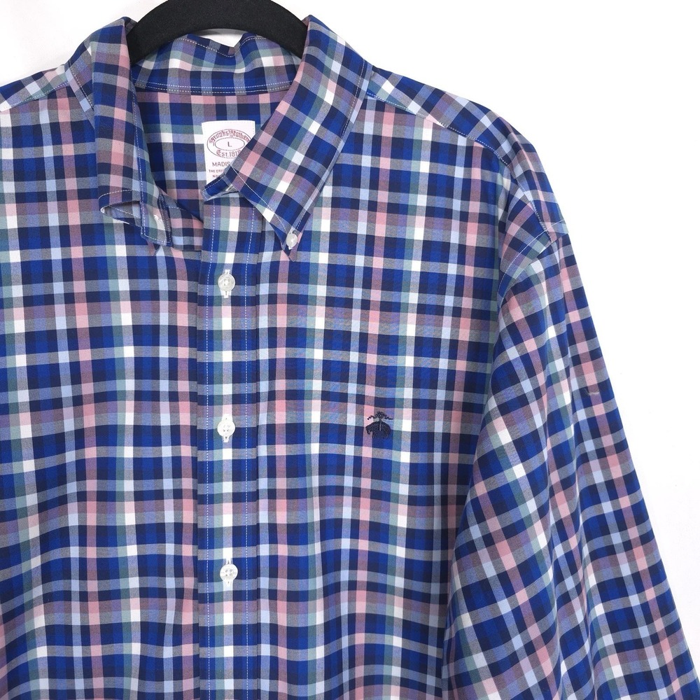 BROOKS BROTHERS 1818 Madison Fit Shirt LARGE Check Plaid Blue SUPIMA COTTON